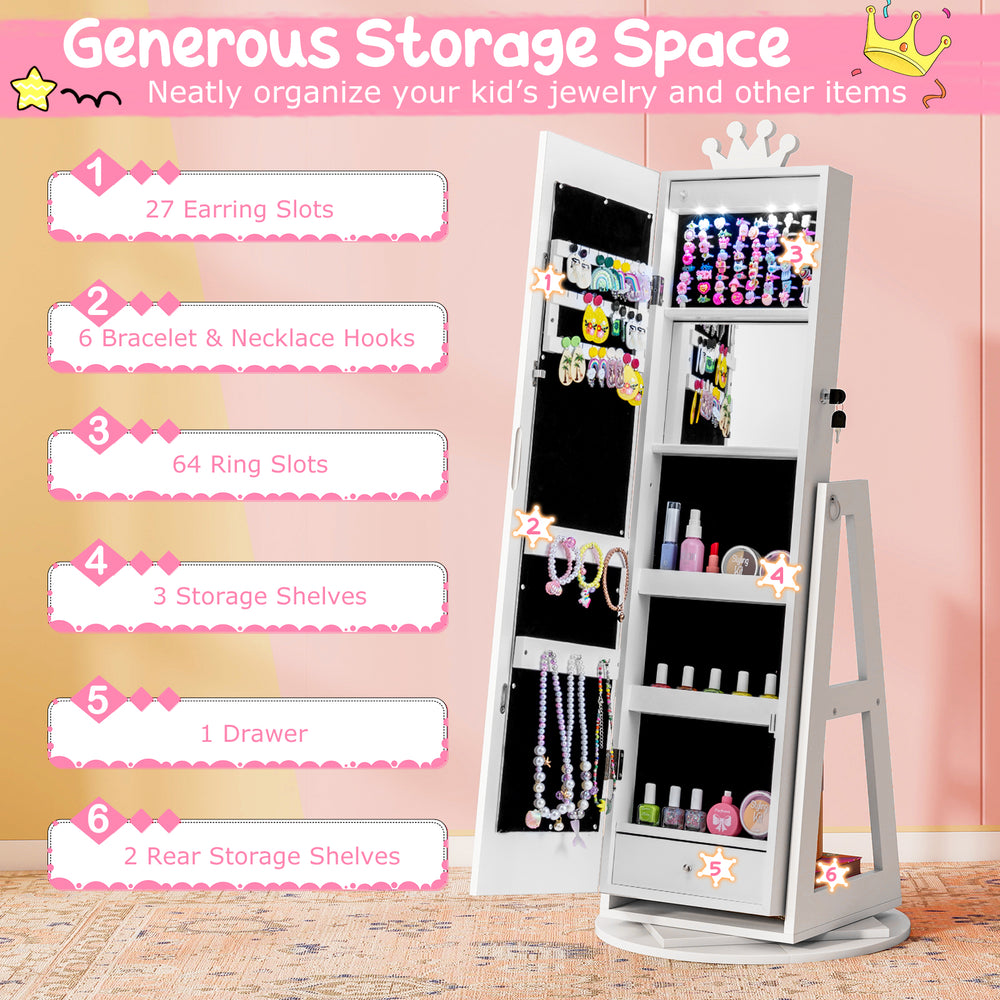 Kids jewelry cabinet with full-length mirror, 3-color lights, and extensive storage for earrings, bracelets, and.