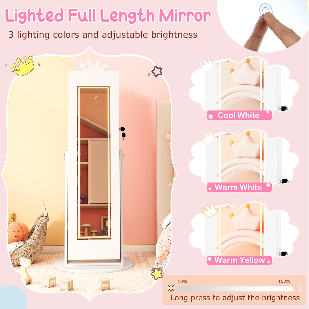 Lighted full-length mirror with 3 color modes and adjustable brightness, part of a kids' jewelry cabinet in white.
