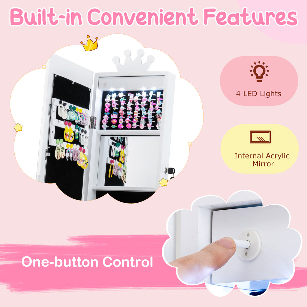 Kids jewelry cabinet with full-length mirror, 3 lighting modes, and internal mirror for easy jewelry selection.
