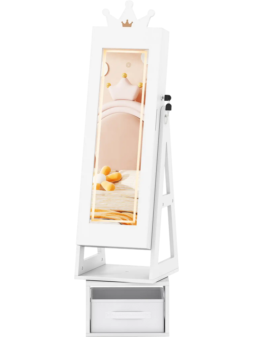 Kids jewelry cabinet with full-length mirror, 3 lighting modes, and storage drawer in white, featuring a crown-shaped.