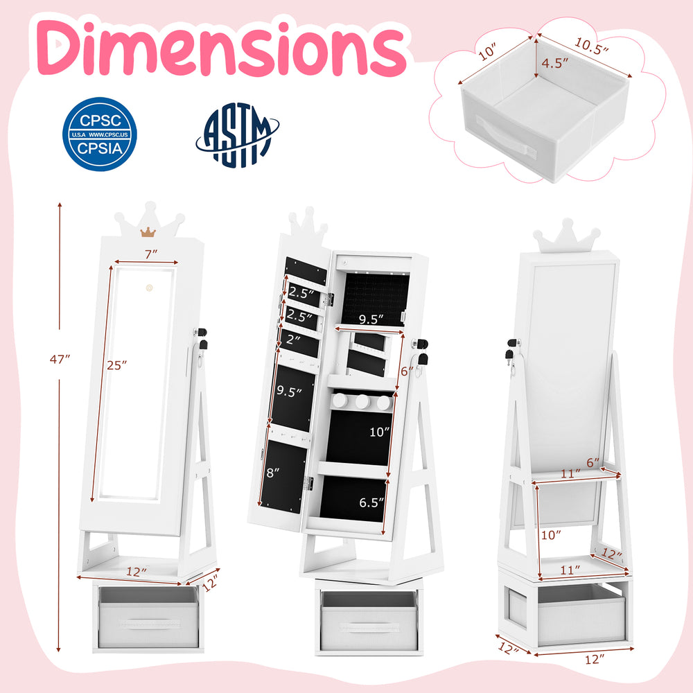 Dimensions of the 3 in 1 kids jewelry cabinet with lighted mirror, featuring storage and a crown-shaped top.