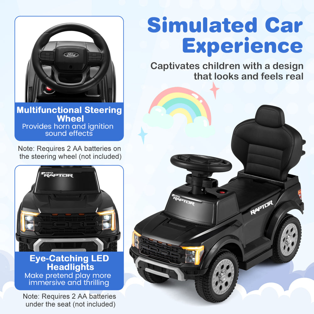 Costzon Push Car for toddlers featuring a multifunctional steering wheel, LED headlights, and under-seat storage for.