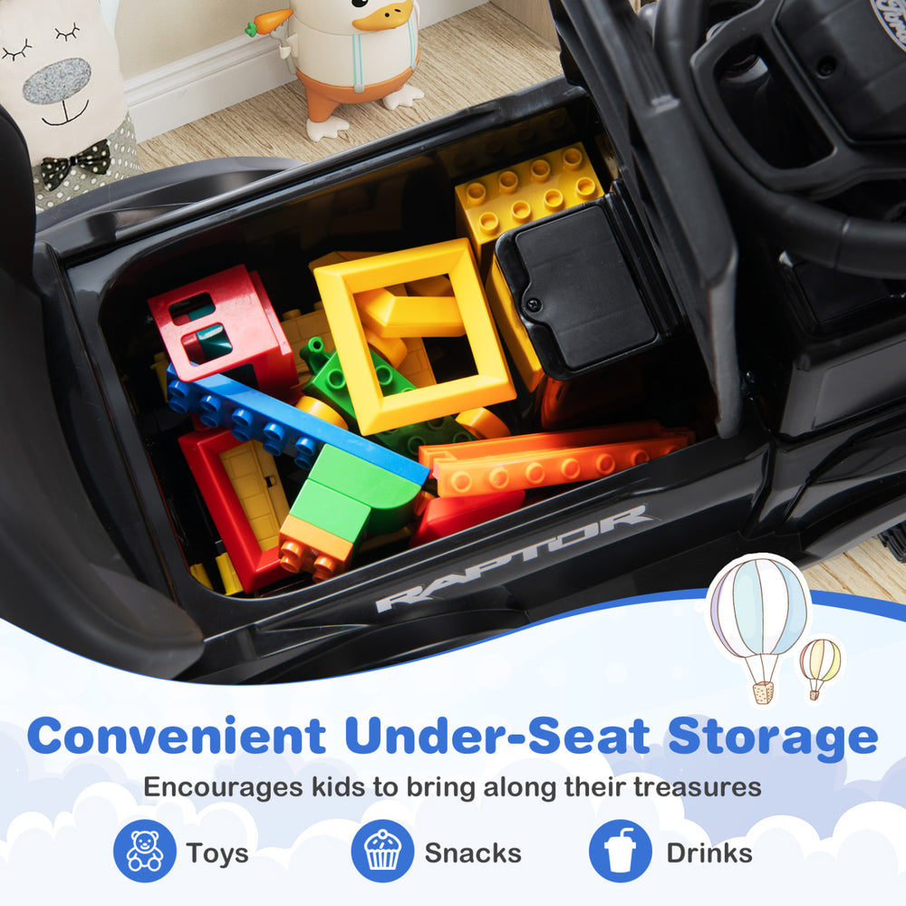Under-seat storage in the Costzon Push Car for Toddlers, perfect for toys, snacks, and drinks during playtime.