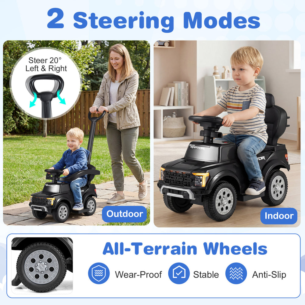 Costzon 3-in-1 licensed Ford push car for toddlers with all-terrain wheels, LED headlights, and parent control mode.