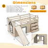 Dimensions of the 3-in-1 twin loft bed with slide, ladder, and drawers in beige, designed for kids and teens.