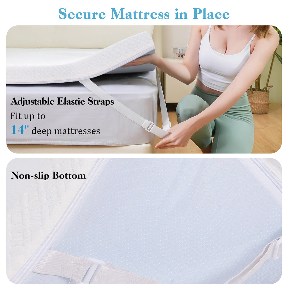 Adjustable elastic straps securing the 3-inch gel-infused memory foam mattress topper for 14" deep mattresses.