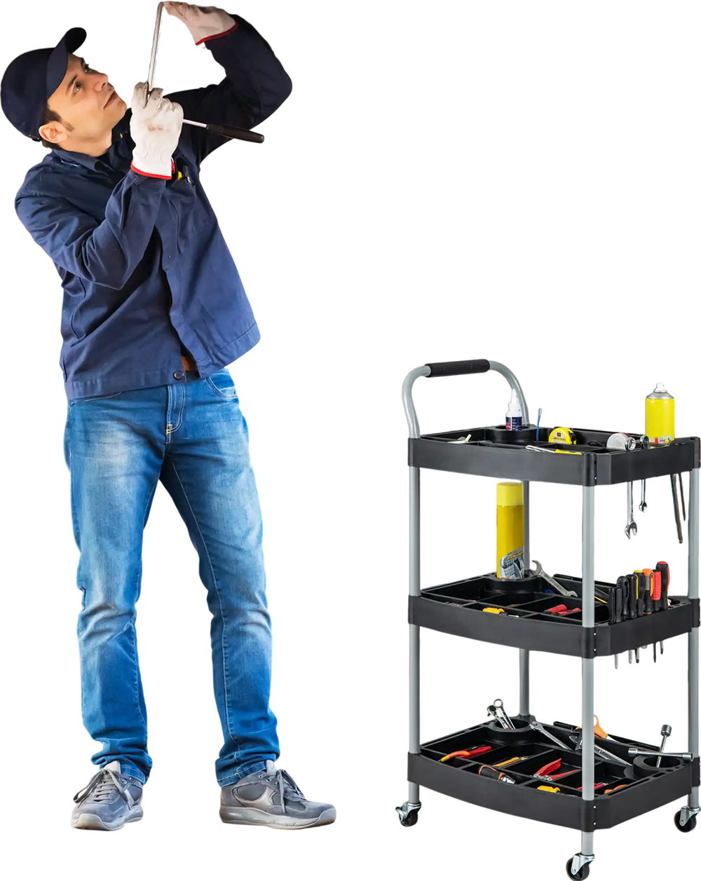 Mobile rolling cart with three layers, sturdy metal construction, and tools organized for efficient use in a garage.