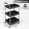 3-layer mobile rolling cart in black with sturdy metal pipes, ideal for tool organization in salons or garages.