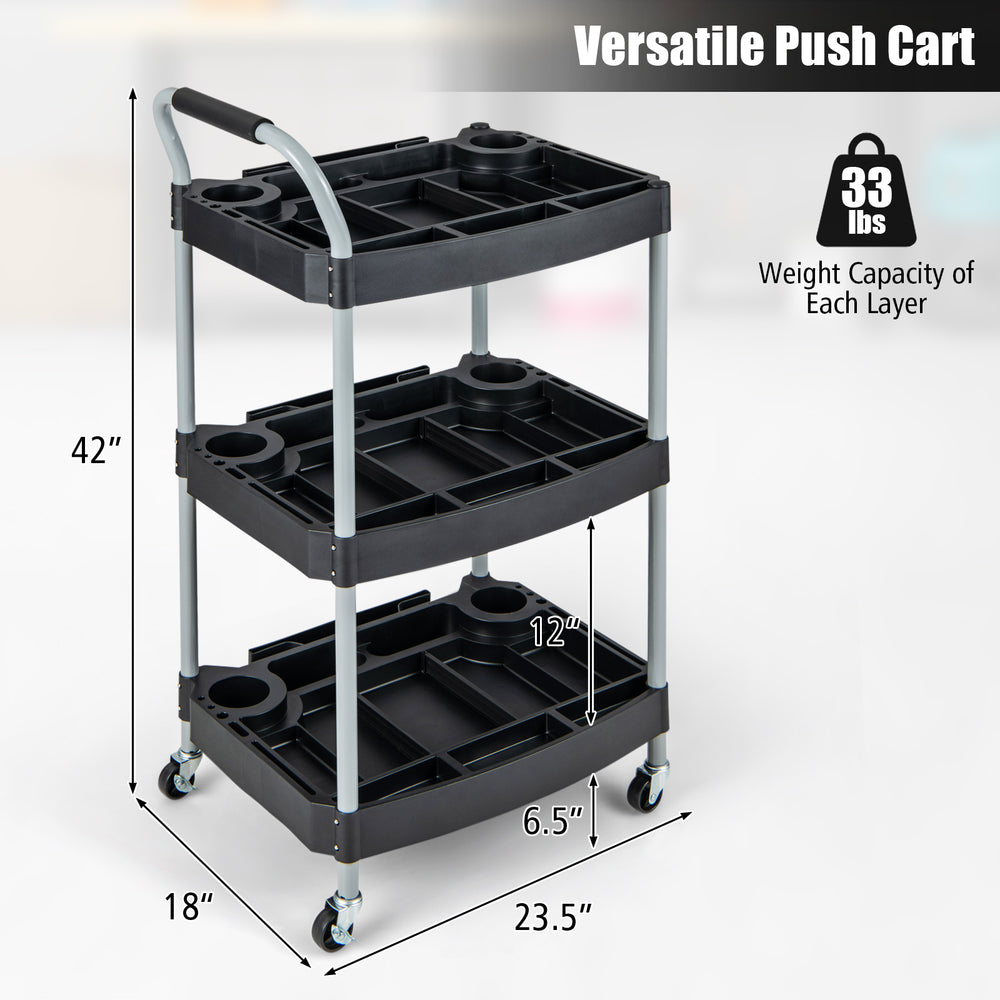 3-layer mobile rolling cart in black with sturdy metal pipes, ideal for tool organization in salons or garages.