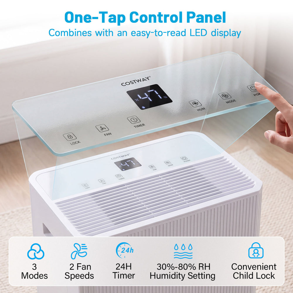 3 modes dehumidifier with LED display and smart touch control panel, ideal for maintaining comfort in homes up to 6500 sq.ft.