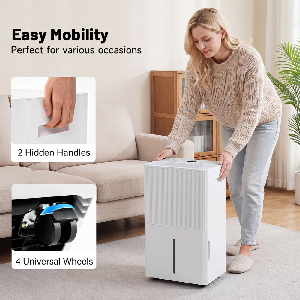 Dehumidifier with 4 universal wheels and 2 hidden handles for easy mobility in homes and basements.