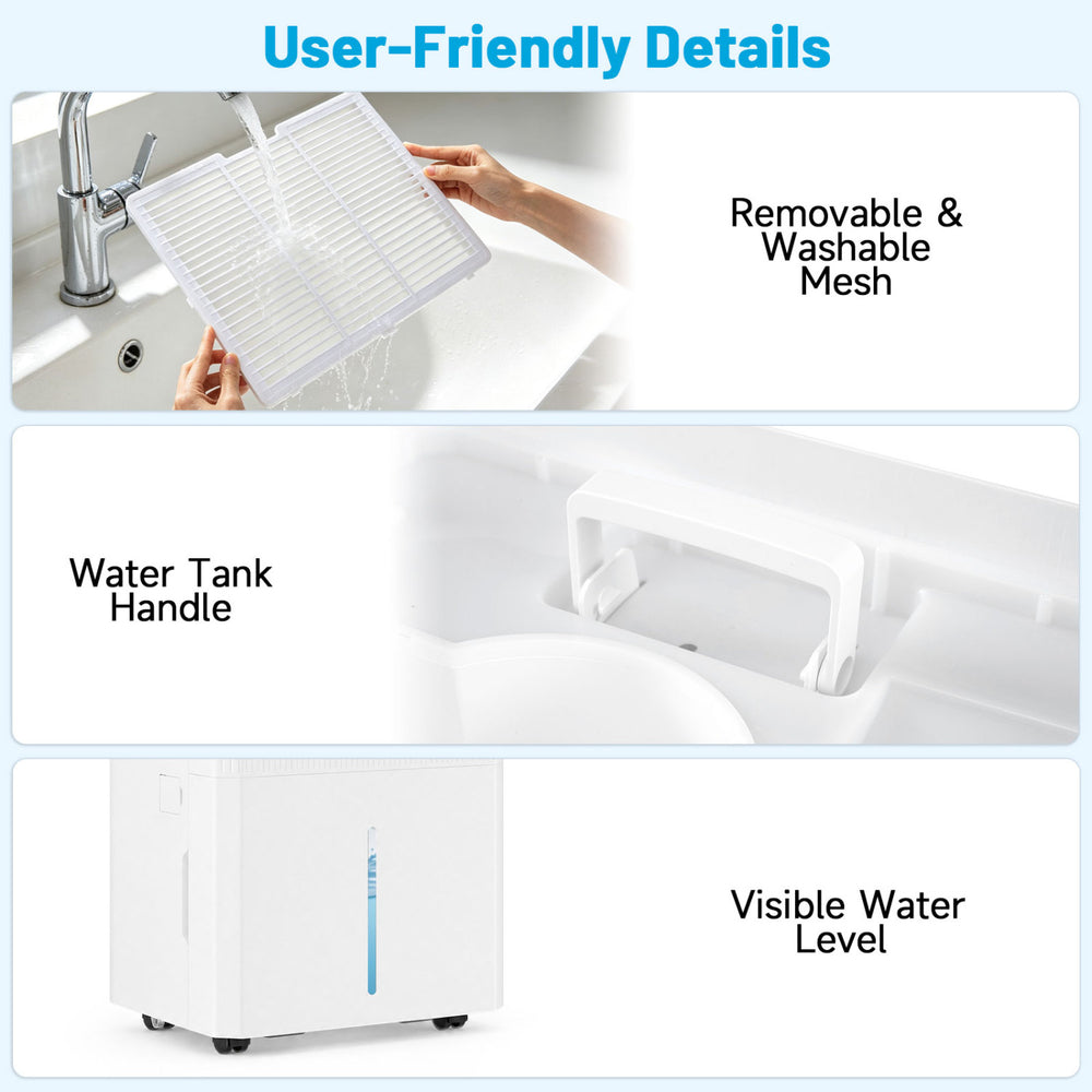 Removable and washable mesh, visible water level, and tank handle enhance convenience for the 3 modes dehumidifier.