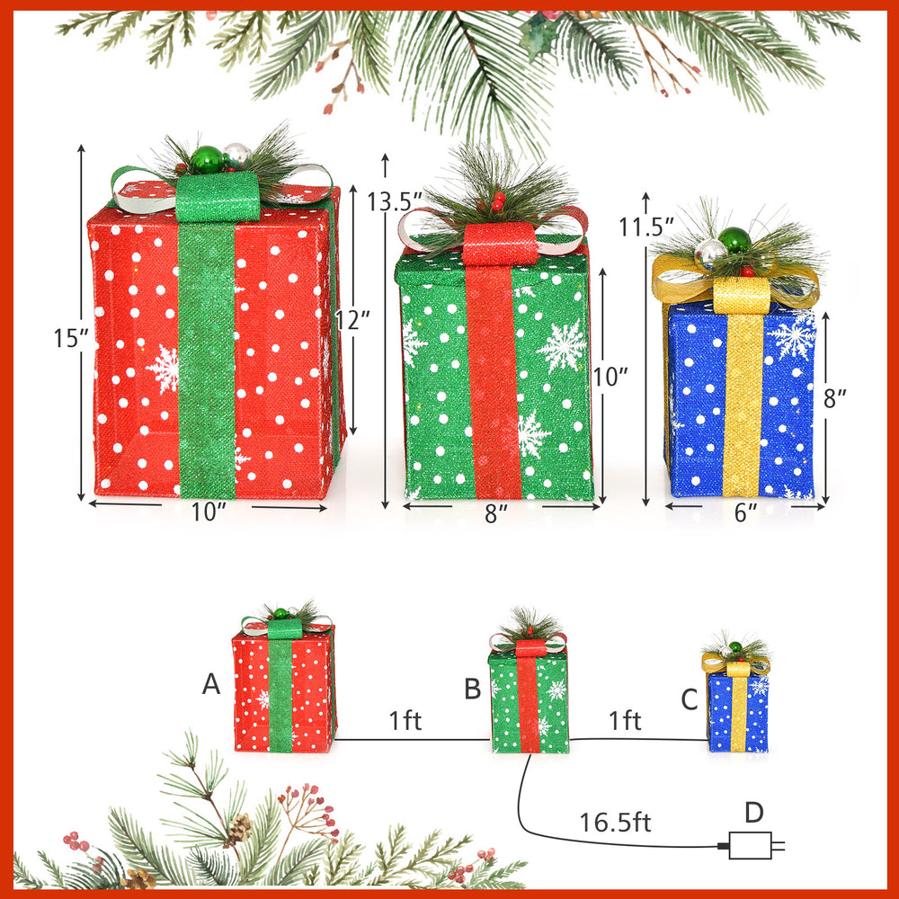 Three colorful Christmas gift boxes with LED lights and bows, perfect for festive indoor and outdoor decoration.