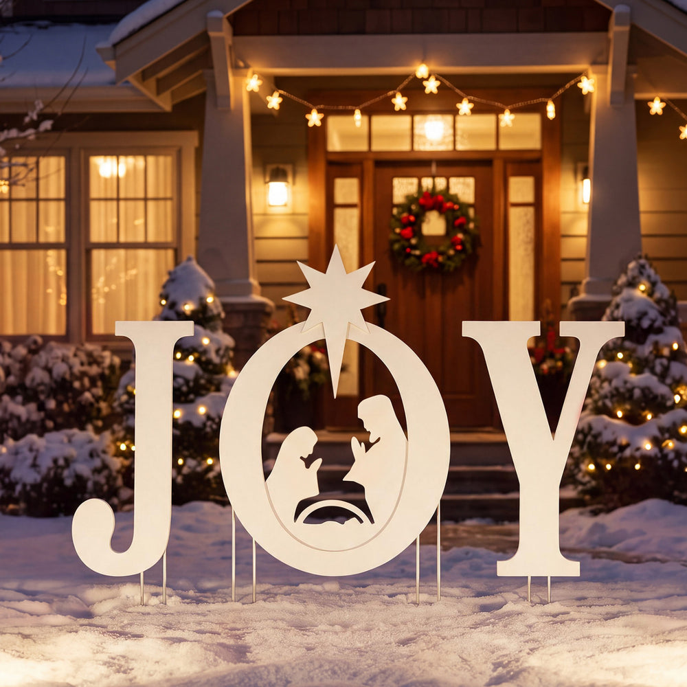 White JOY nativity Christmas yard sign set features a Holy Family silhouette, perfect for festive outdoor displays.