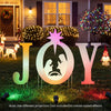 Colorful JOY nativity Christmas yard sign set featuring a Holy Family silhouette, perfect for festive outdoor displays.