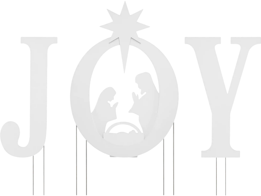 White JOY nativity Christmas yard sign set featuring Holy Family silhouette and festive star, perfect for outdoor display.