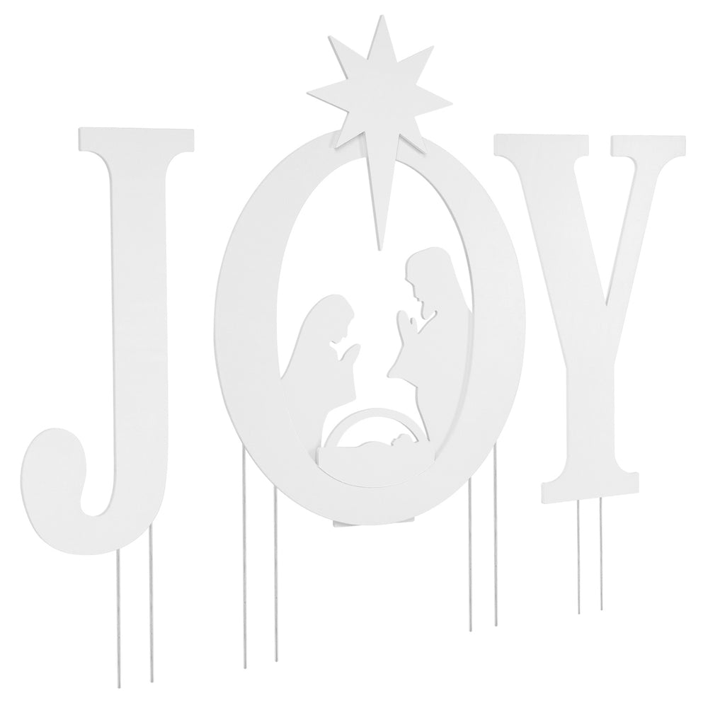 White JOY nativity Christmas yard sign set featuring a Holy Family silhouette and topped with a festive star for outdoor display.