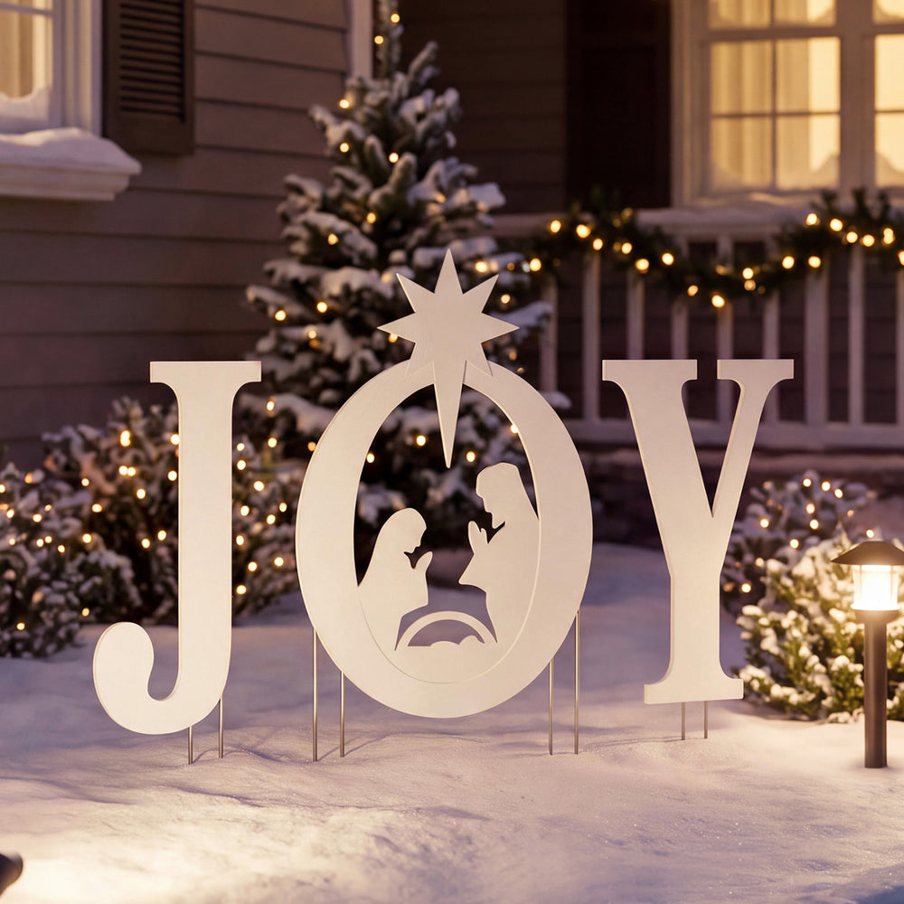 Joyful nativity scene yard sign set featuring the Holy Family silhouette, waterproof and perfect for outdoor display.