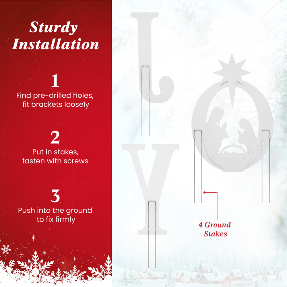Installation instructions for the 3 PCS JOY Nativity Christmas Yard Sign Set with Angels using 4 ground stakes.