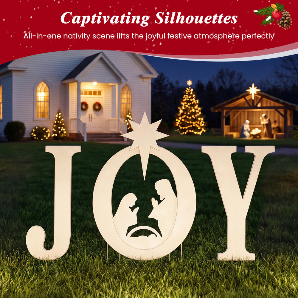 White JOY nativity Christmas yard sign set with angels, featuring a holy family silhouette for festive outdoor display.