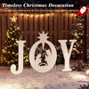 White JOY nativity Christmas yard sign set featuring a holy family silhouette, perfect for festive outdoor decoration.