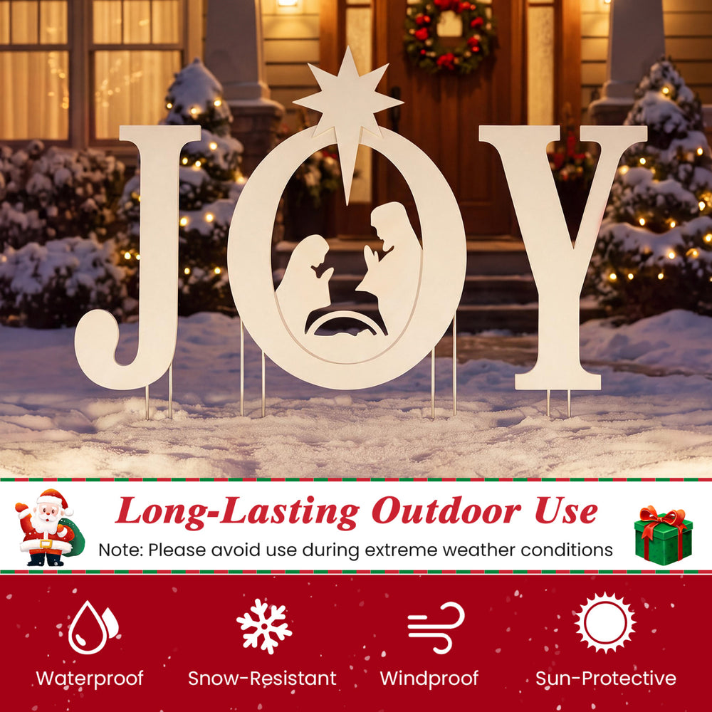 White JOY nativity Christmas yard sign set with angels, waterproof and snow-resistant for festive outdoor display.