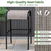 Bar height table and two stools with breathable, quick-drying fabric seats, ideal for outdoor patio use.