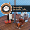 Coverable 1.6" umbrella hole on the wood-grained tabletop of the outdoor bar table set, ideal for patio use.