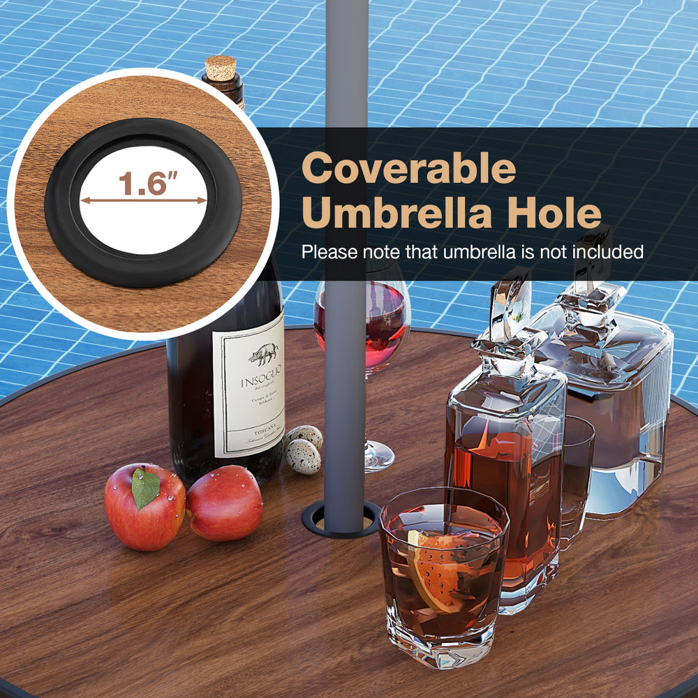 Coverable 1.6" umbrella hole on the wood-grained tabletop of the outdoor bar table set, ideal for patio use.