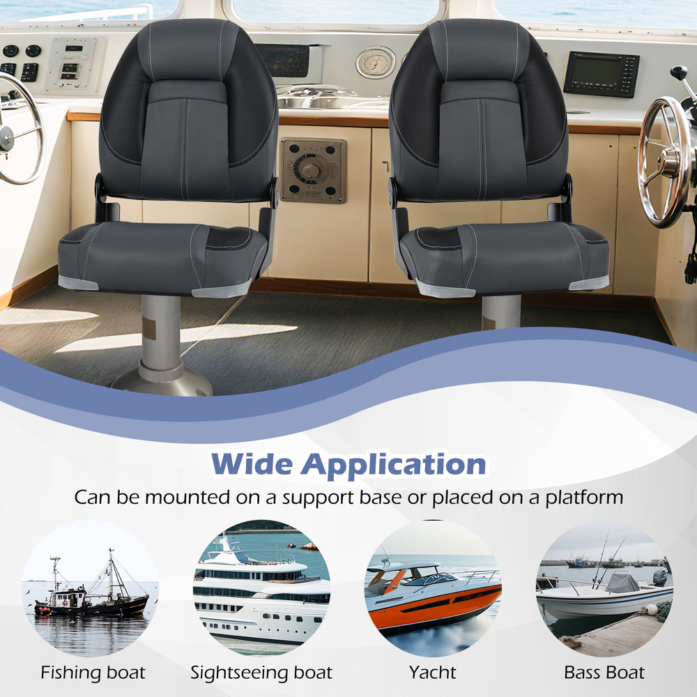 Black high-back folding boat seats with 28D sponge padding, ideal for fishing and sightseeing boats.