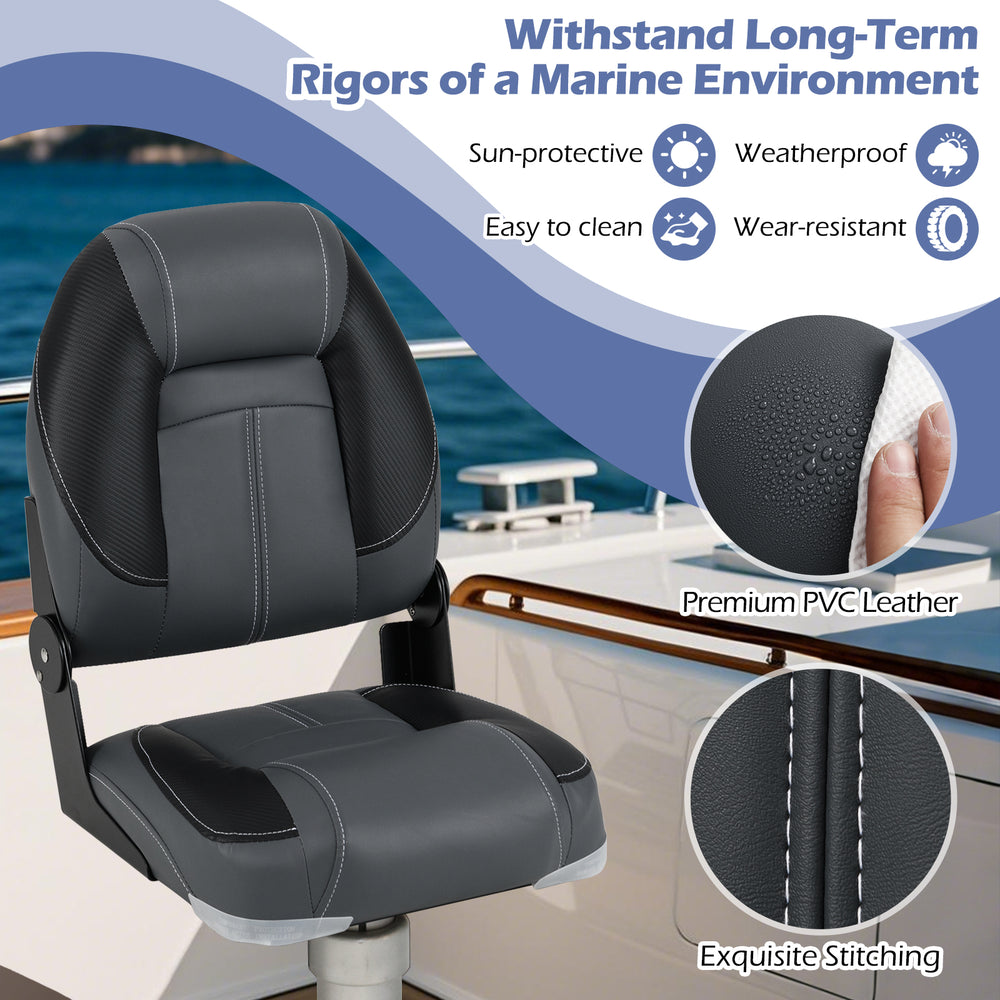 Folding boat seat with ergonomic design, black PVC leather, and 28D soft sponge padding for comfort and durability.
