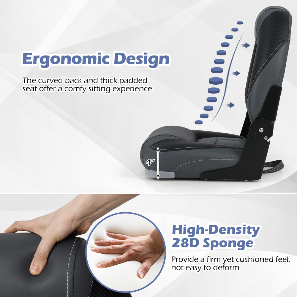 Curved black folding boat seat with high-density 28D sponge padding for ergonomic comfort and support.