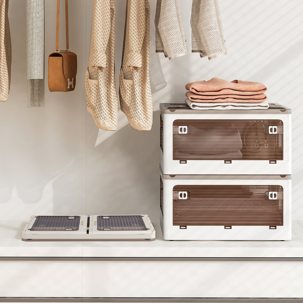 Stackable storage bins with lids in a modern setting, featuring 5 opening ways and a large 8-gallon capacity for.