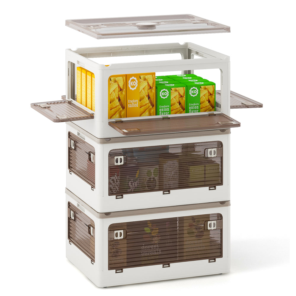 Stackable 3-pack storage bins with lids, featuring 5 opening ways, ideal for organizing snacks, books, or linens.
