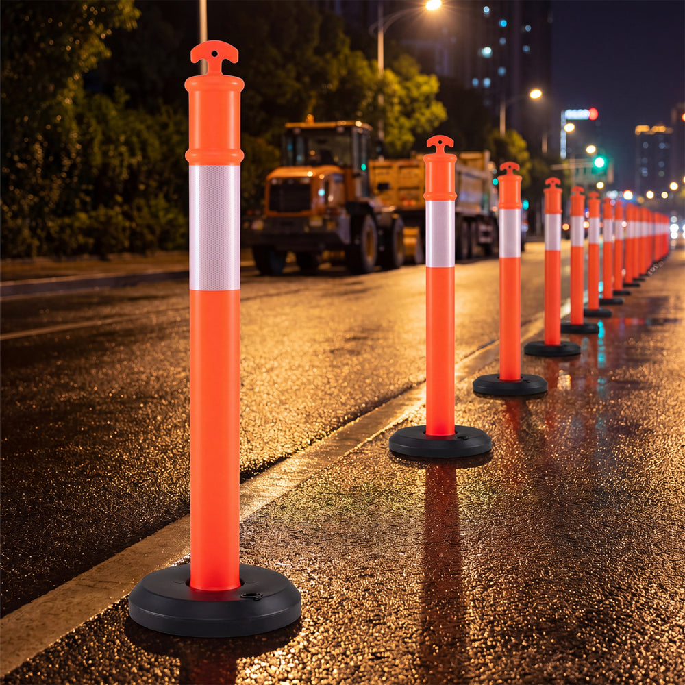 Traffic delineator posts with reflective collars for nighttime visibility, featuring fillable bases for stability in.