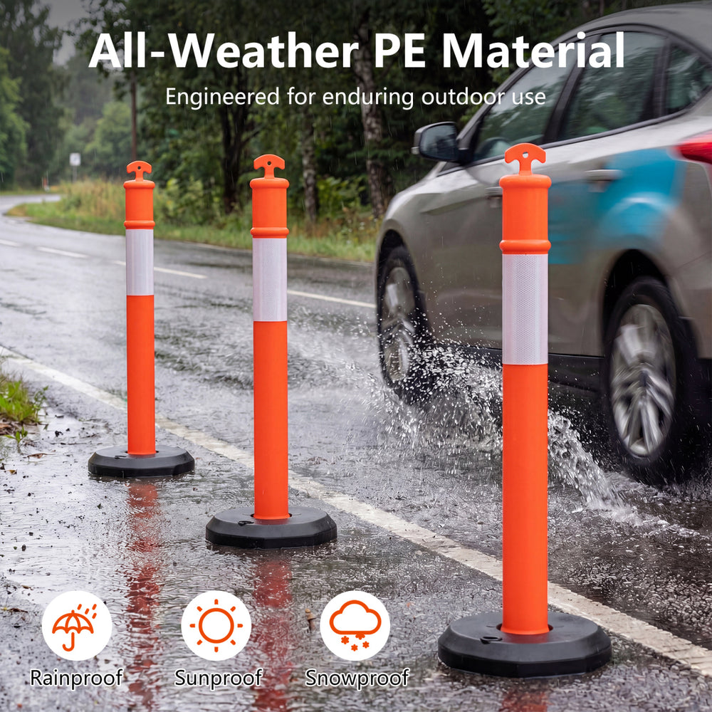Traffic delineator posts with fillable base, made of weatherproof PE material, ideal for construction and parking lots.