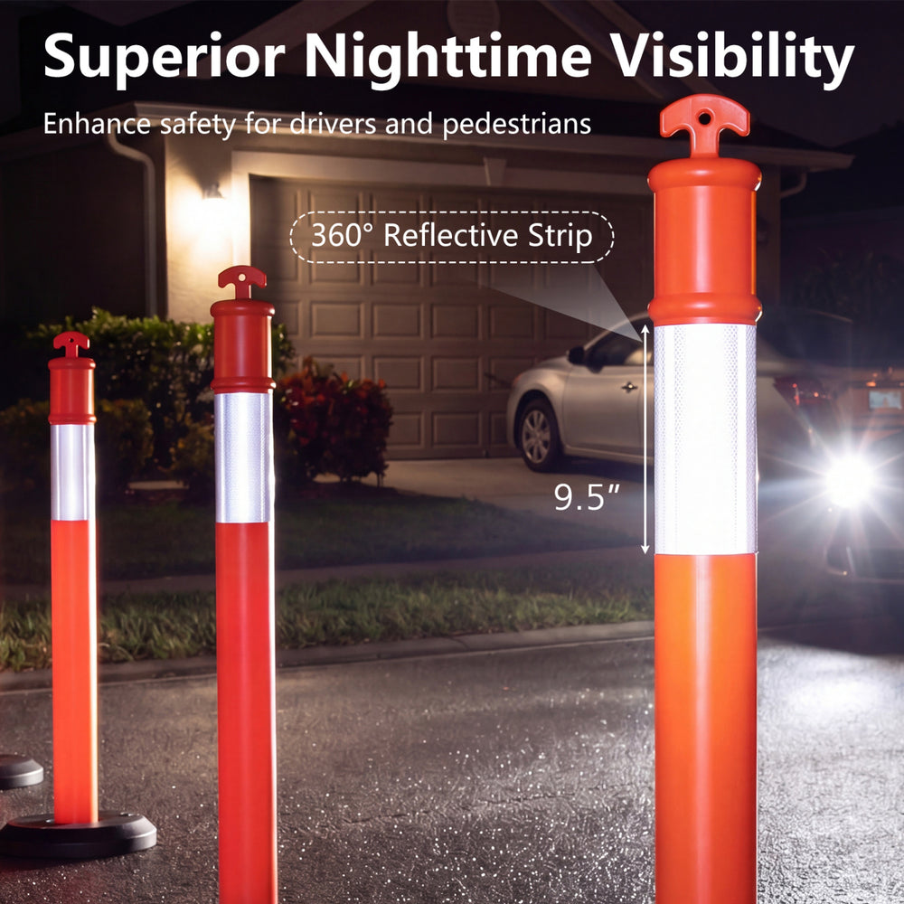 Traffic delineator post with 9.5-inch reflective collar for 360° visibility, ideal for construction and parking safety.