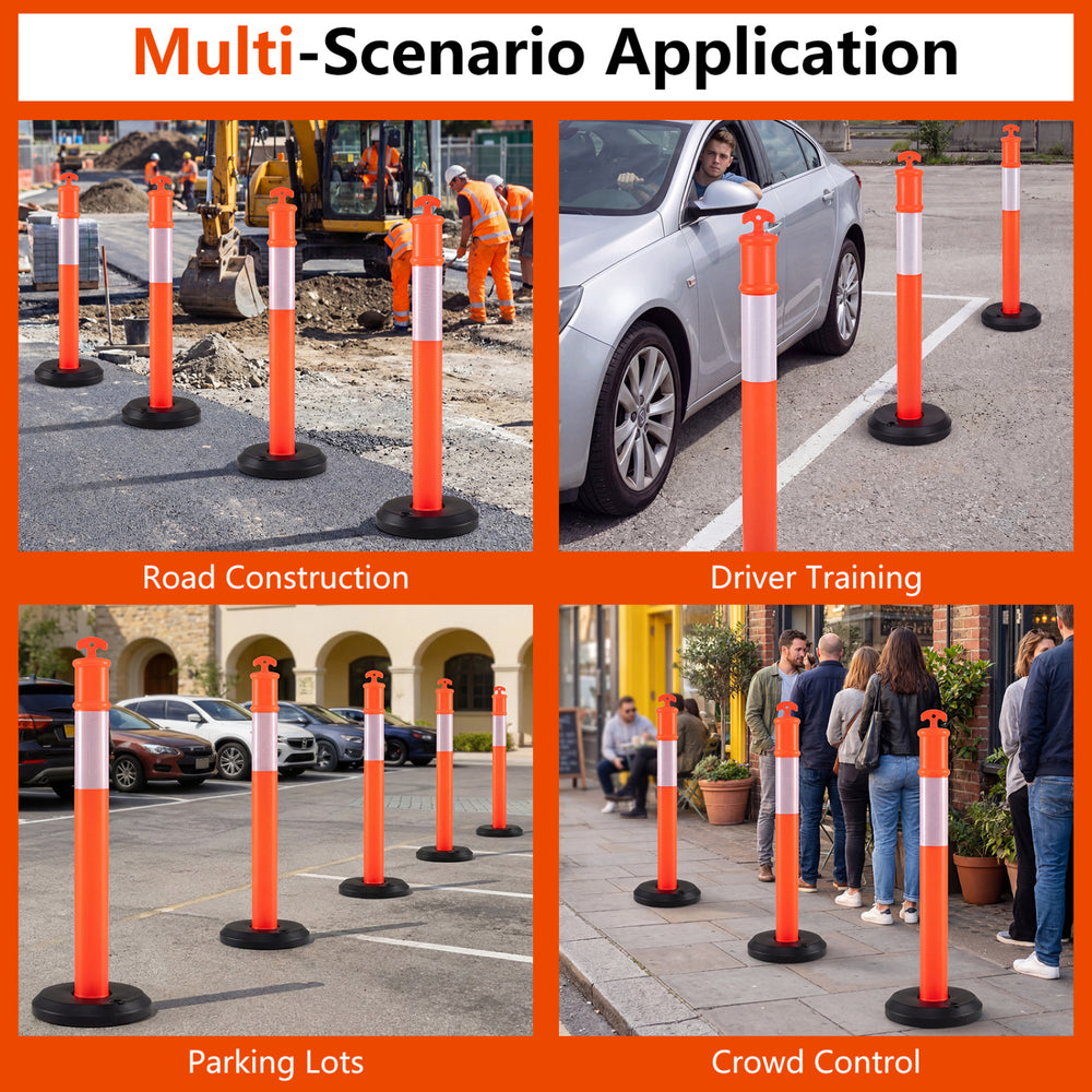 Traffic delineator post with fillable base, reflective collar for visibility, ideal for parking lots and construction.