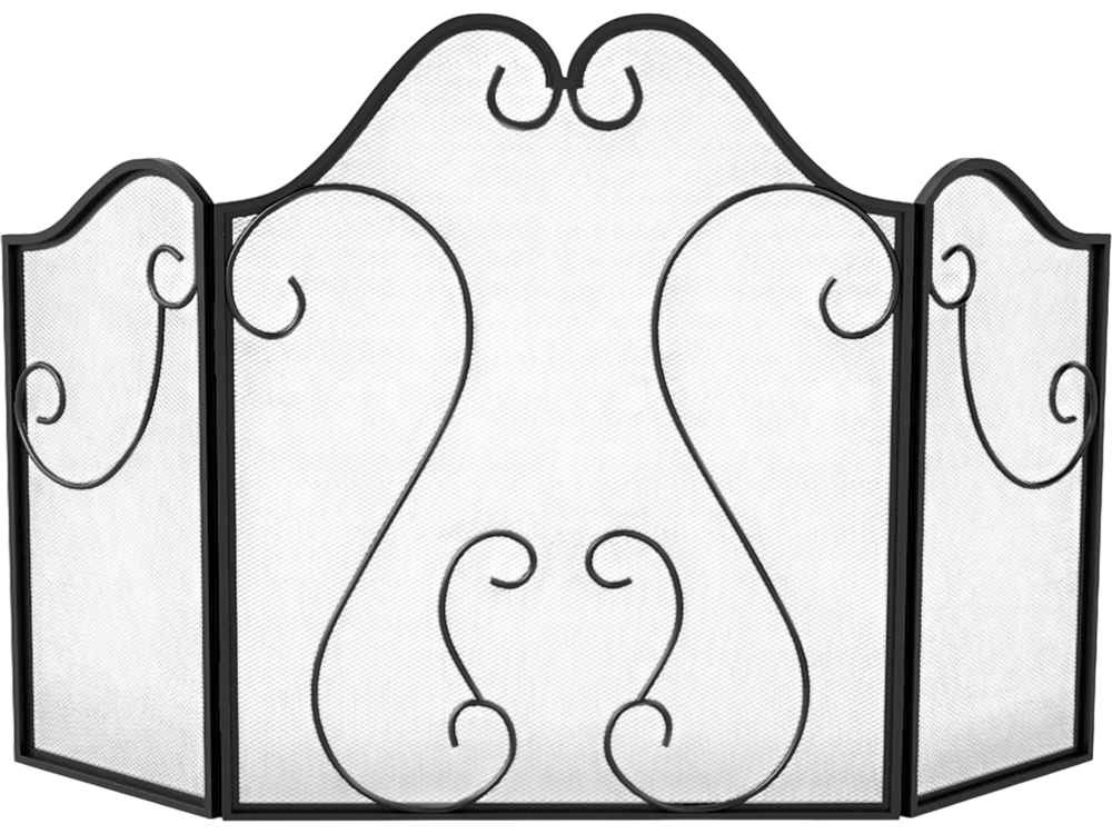 3 Panel Fireplace Screen Foldable Spark Guard Cover with Decorative Scroll