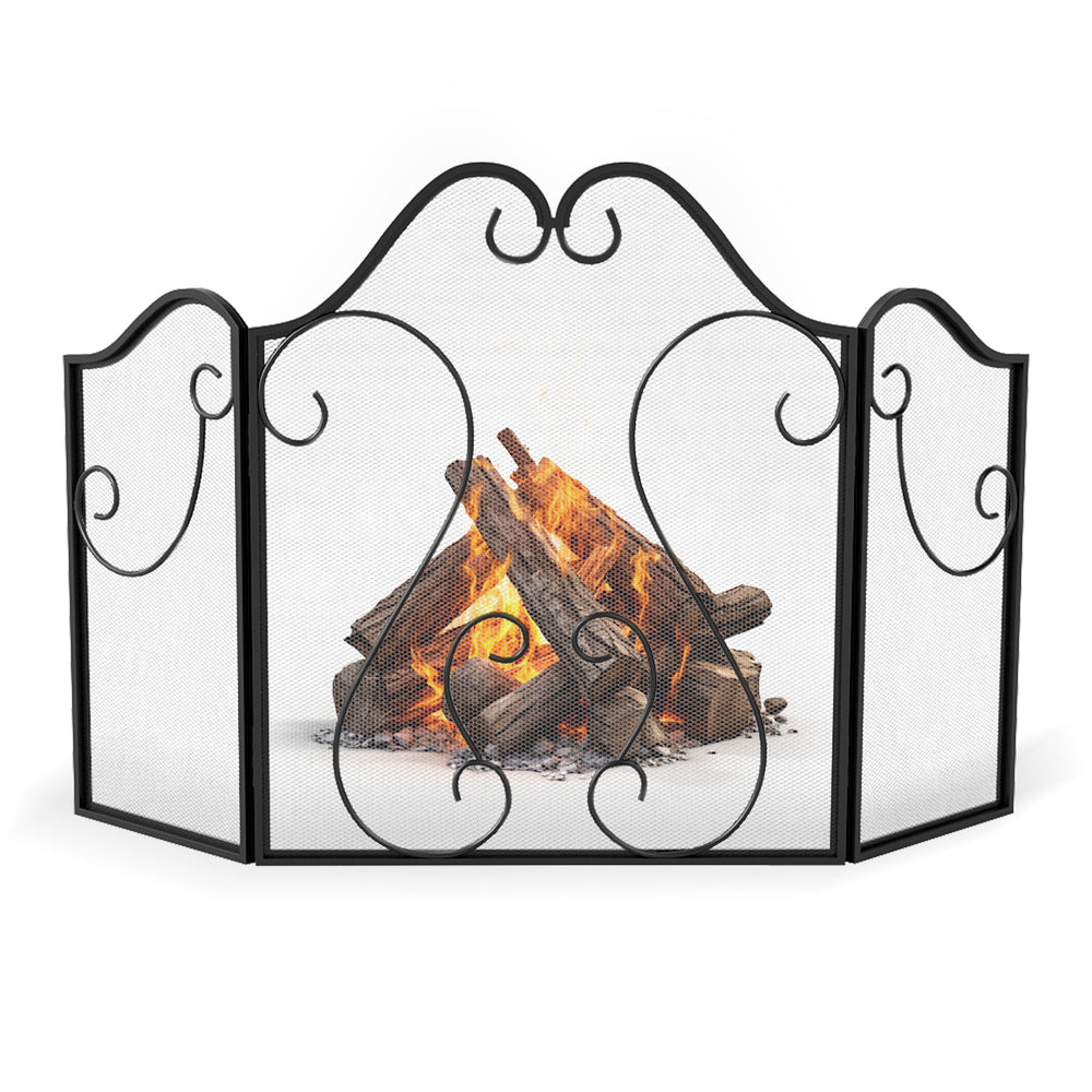 Foldable 3 panel fireplace screen with decorative scroll design, made of durable powder-coated metal for elegant.