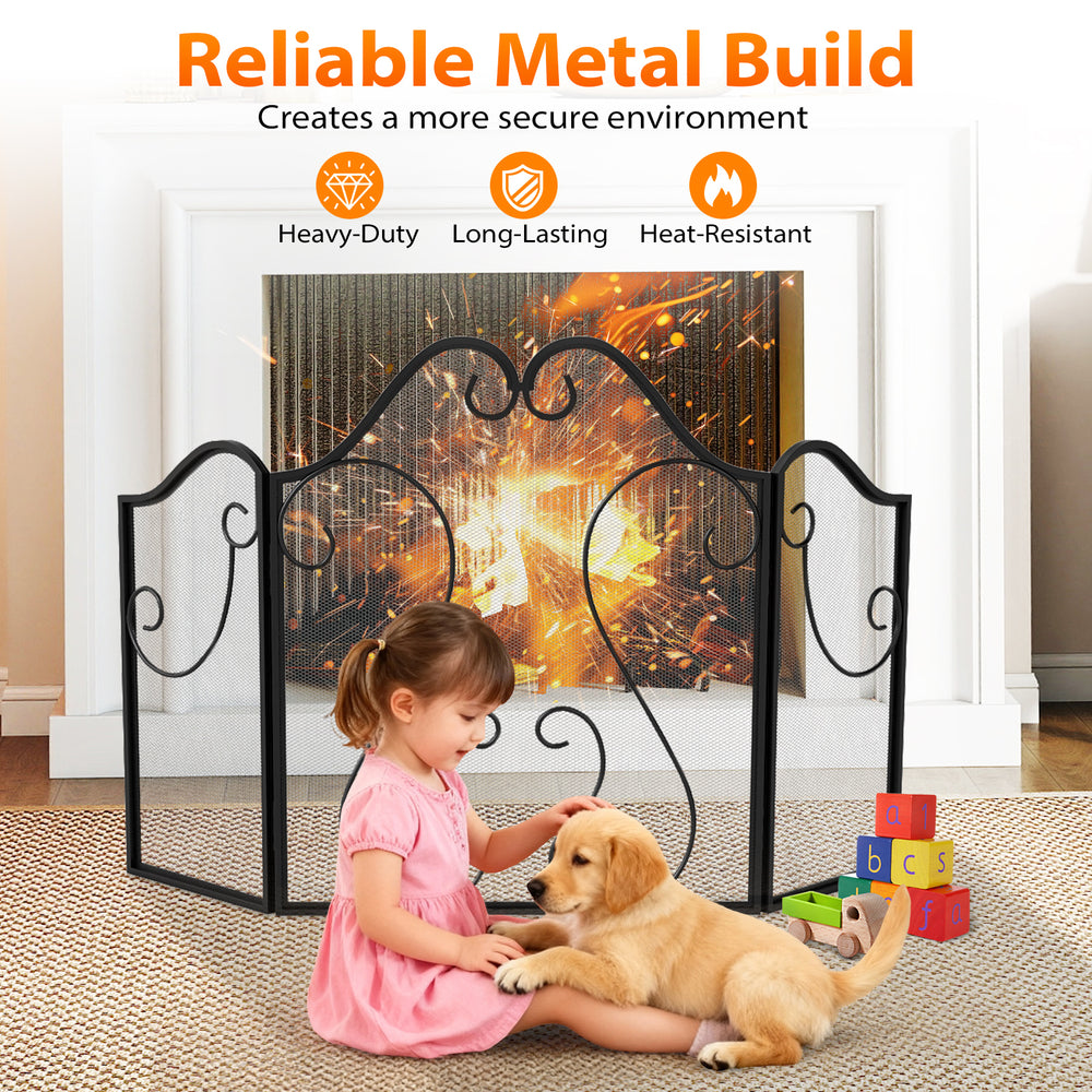 Foldable 3 panel fireplace screen with decorative scroll design, made of durable powder-coated metal for safety and.