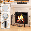 Foldable 3 panel fireplace screen with decorative scroll, high-density mesh for safety, ideal for living room use.