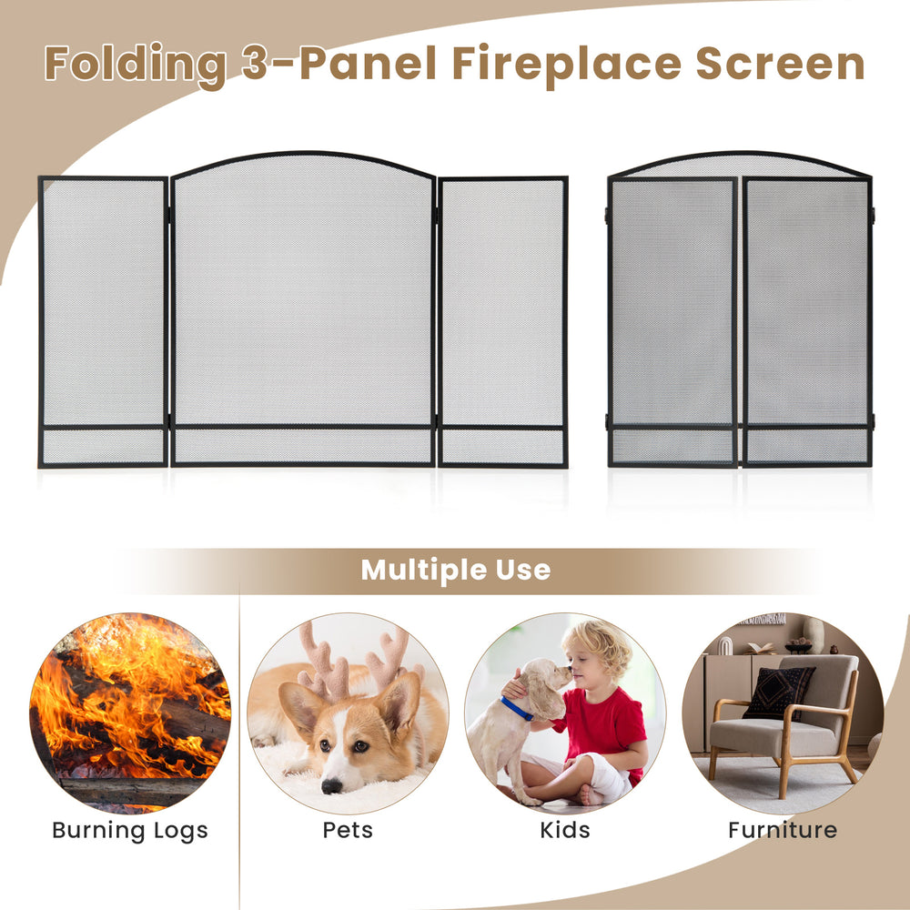 3-panel foldable fireplace screen in black wrought iron, providing safety for kids, pets, and furniture in the living.