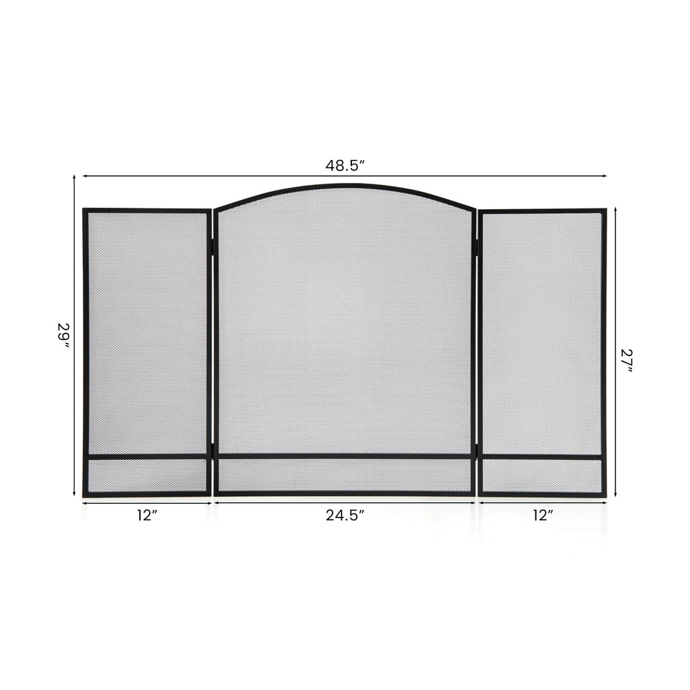 Front view of a 3-panel foldable fireplace screen in black wrought metal, designed for safety and easy storage in any.