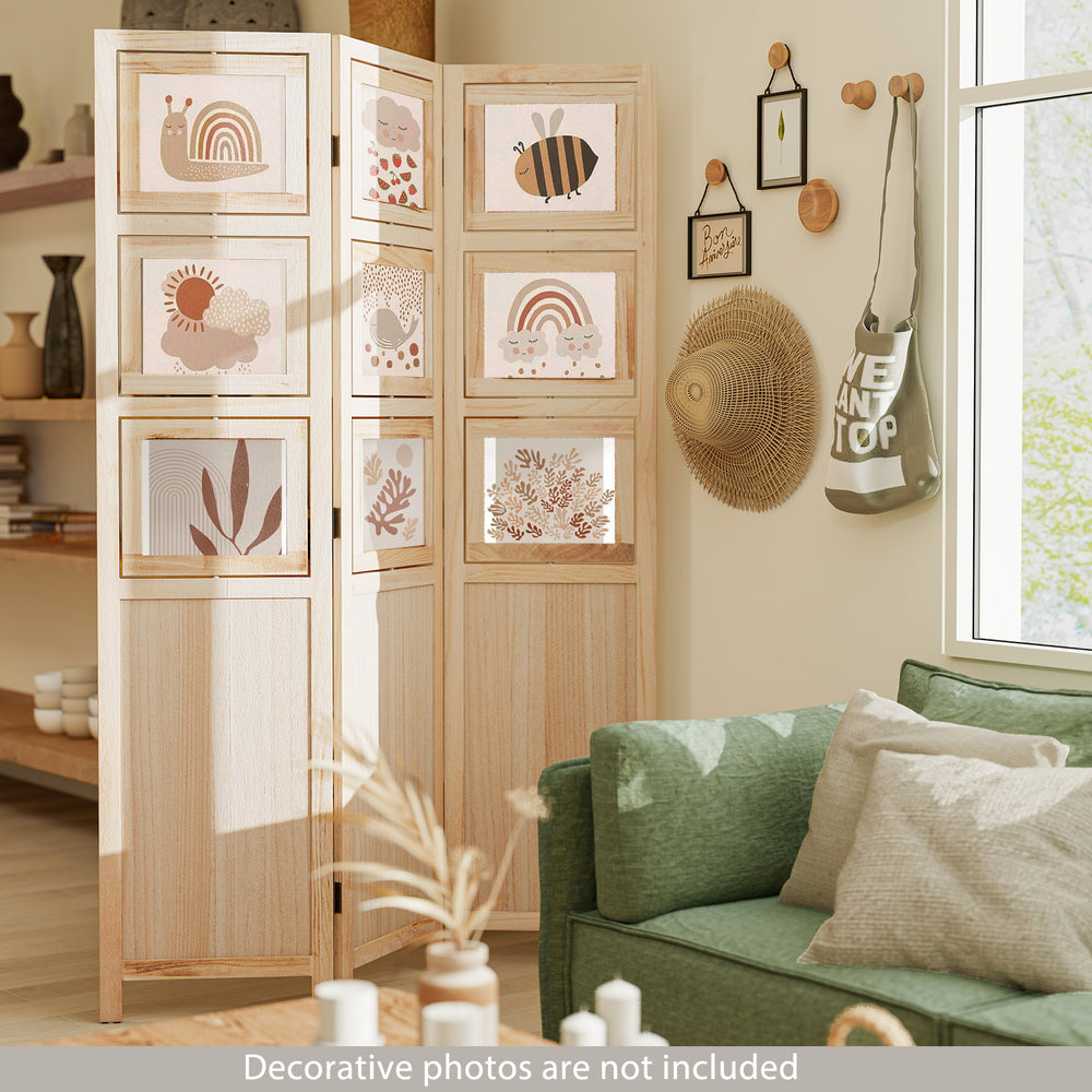 Three-panel folding privacy screen made of natural paulownia wood with nine adjustable photo frames for versatile decor.
