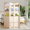 Three-panel folding privacy screen made of natural paulownia wood with nine swivel photo frames, ideal for home or.