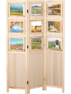Three-panel folding privacy screen made of natural paulownia wood with nine swivel photo frames for versatile display.