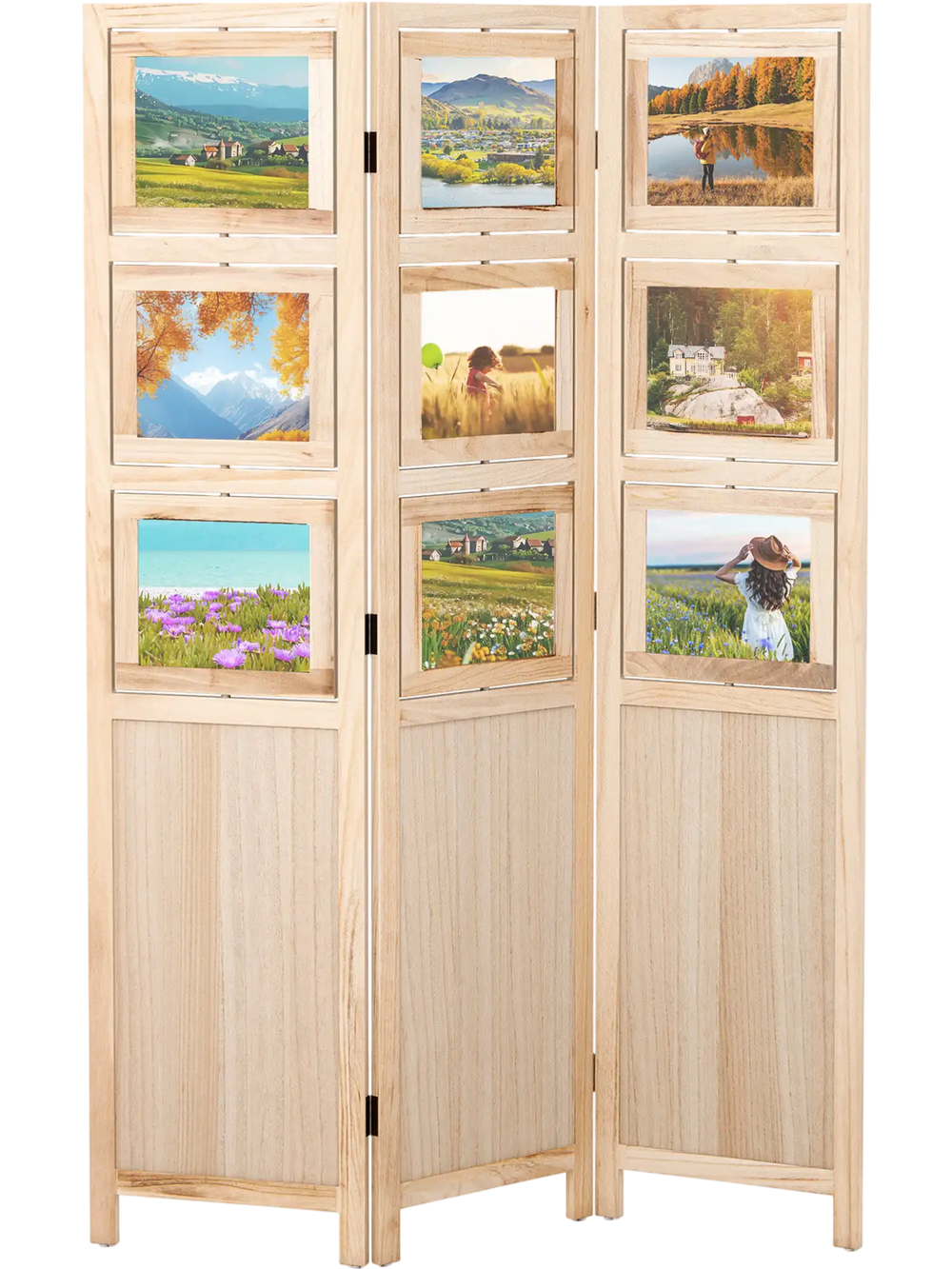 Three-panel folding privacy screen made of natural paulownia wood with nine swivel photo frames for versatile display.