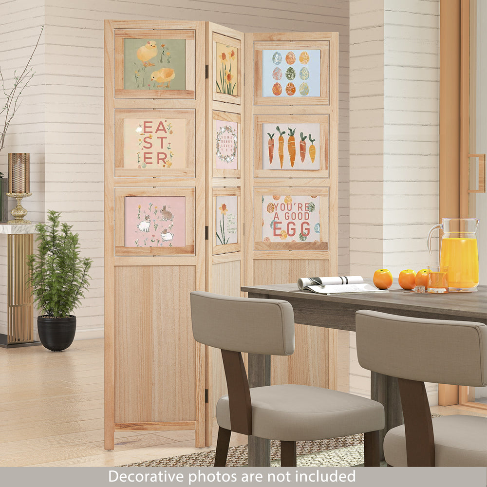Three-panel folding privacy screen with nine swivel paulownia wood photo frames, ideal for home office or living room.
