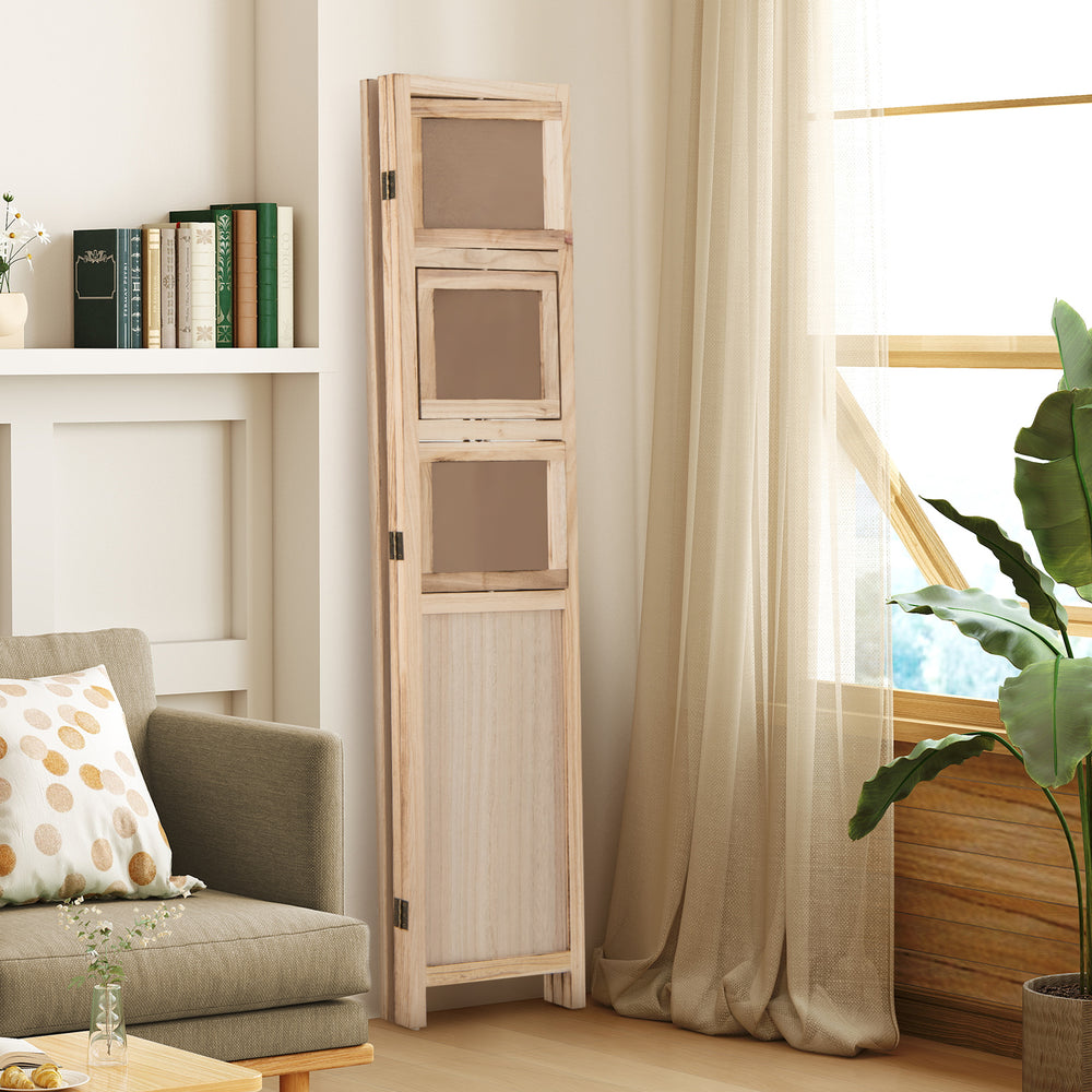 Three-panel folding privacy screen in natural paulownia wood with nine swivel photo frames, ideal for home or office.
